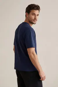 MAN Navy Blue Wardrobe Essentials Low Shoulder Regular Fit Basic T-Shirt - Image 2
