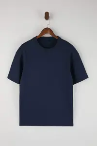 MAN Navy Blue Wardrobe Essentials Low Shoulder Regular Fit Basic T-Shirt - Image 3