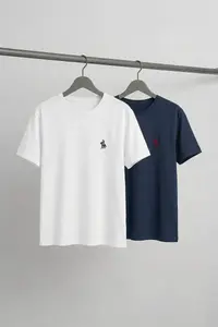 MAN Navy Blue - White Regular/Rahat Kesim 2 li Paket T-Shirt