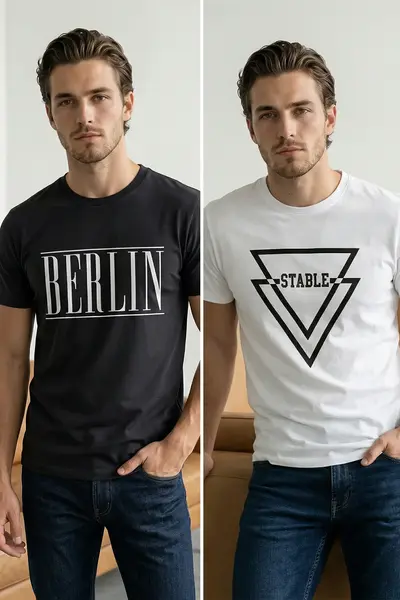 MAN Black-White 2 Sets Paket Regular/Normal Pattern Printed 100% Cotton T-Shirt