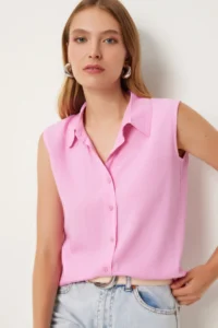 Happiness İstanbul Women Pink Sleeveless Viscose Shirt
