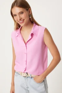 Happiness İstanbul Women Pink Sleeveless Viscose Shirt - Image 2