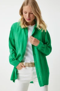 Happiness İstanbul Women's Green Oversize Long Linen Ayrobin Shirt - Image 10