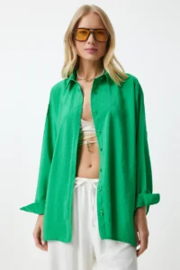 Happiness İstanbul Women's Green Oversize Long Linen Ayrobin Shirt - Image 2
