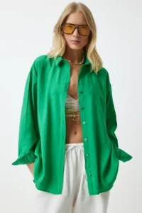 Happiness İstanbul Women's Green Oversize Long Linen Ayrobin Shirt - Image 3
