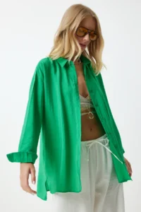 Happiness İstanbul Women's Green Oversize Long Linen Ayrobin Shirt - Image 4