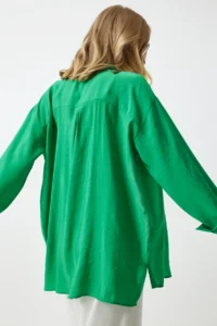 Happiness İstanbul Women's Green Oversize Long Linen Ayrobin Shirt - Image 5