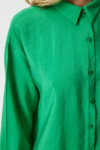 Happiness İstanbul Women's Green Oversize Long Linen Ayrobin Shirt - Image 6