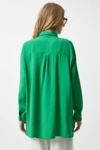 Happiness İstanbul Women's Green Oversize Long Linen Ayrobin Shirt - Image 7
