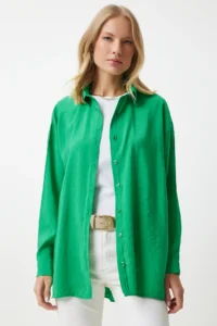 Happiness İstanbul Women's Green Oversize Long Linen Ayrobin Shirt - Image 8