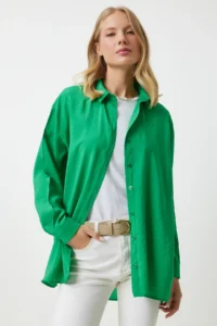 Happiness İstanbul Women's Green Oversize Long Linen Ayrobin Shirt - Image 9