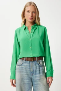 Happiness İstanbul Women Green Rahat Pattern Viscose Shirt