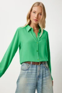 Happiness İstanbul Women Green Rahat Pattern Viscose Shirt - Image 2