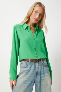 Happiness İstanbul Women Green Rahat Pattern Viscose Shirt - Image 3