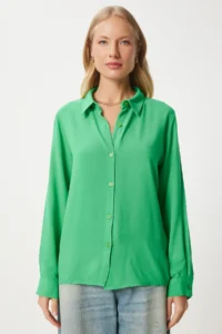 Happiness İstanbul Women Green Rahat Pattern Viscose Shirt - Image 4