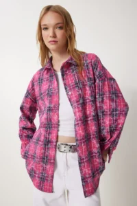 Happiness İstanbul Women's Dark Pink Checkered Jacquard Raised Woven Shirt