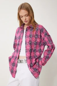 Happiness İstanbul Women's Dark Pink Checkered Jacquard Raised Woven Shirt - Image 2