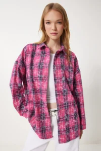 Happiness İstanbul Women's Dark Pink Checkered Jacquard Raised Woven Shirt - Image 3