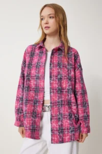 Happiness İstanbul Women's Dark Pink Checkered Jacquard Raised Woven Shirt - Image 4