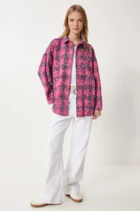 Happiness İstanbul Women's Dark Pink Checkered Jacquard Raised Woven Shirt - Image 5
