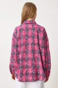 Happiness İstanbul Women's Dark Pink Checkered Jacquard Raised Woven Shirt - Image 7