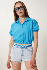 Happiness İstanbul Women Blue Lace Detailed Crop Shirt - Image 2