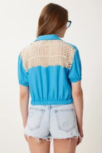 Happiness İstanbul Women Blue Lace Detailed Crop Shirt - Image 5