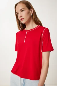 Happiness İstanbul Women's Red Contrast Stitching Detailed Knitted T-Shirt - Image 2