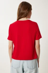 Happiness İstanbul Women's Red Contrast Stitching Detailed Knitted T-Shirt - Image 5