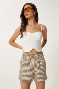 Happiness İstanbul Women Mustard Bonnet Striped Mini Linen Shorts