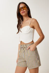 Happiness İstanbul Women Mustard Bonnet Striped Mini Linen Shorts - Image 2