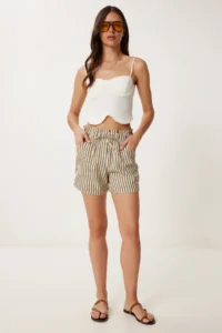 Happiness İstanbul Women Mustard Bonnet Striped Mini Linen Shorts - Image 3