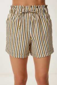 Happiness İstanbul Women Mustard Bonnet Striped Mini Linen Shorts - Image 4