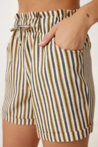 Happiness İstanbul Women Mustard Bonnet Striped Mini Linen Shorts - Image 5