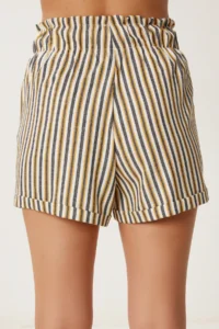 Happiness İstanbul Women Mustard Bonnet Striped Mini Linen Shorts - Image 6