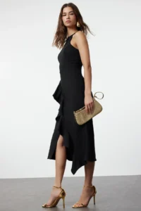 TRENDYOLMİLLA Black with flywheel Weaving Chic Evening Gown Gece Graduation Dress - Image 2