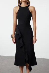 TRENDYOLMİLLA Black with flywheel Weaving Chic Evening Gown Gece Graduation Dress - Image 4