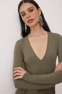 TRENDYOLMİLLA Khaki Deep V-Neck snaps Knitting Bodysuit .D.0084 - Image 2