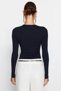 TRENDYOLMİLLA Navy Blue Deep V-Neck snaps Knitting Bodysuit .D.0084 - Image 5