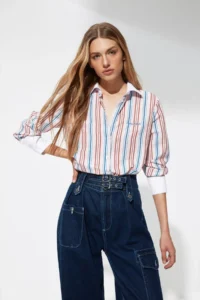 TRENDYOLMİLLA X Sagaza Studio Multicolored Striped Embroidered Shirt