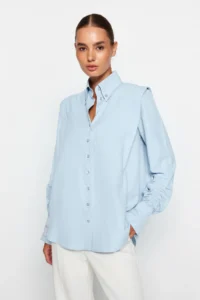 TRENDYOLMİLLA X Sagaza Studio Light Blue Ruffle Detailed Weaving Poplin Shirt