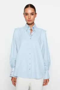 TRENDYOLMİLLA X Sagaza Studio Light Blue Ruffle Detailed Weaving Poplin Shirt - Image 2