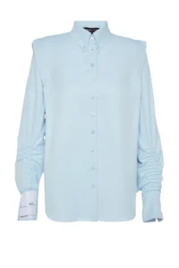 TRENDYOLMİLLA X Sagaza Studio Light Blue Ruffle Detailed Weaving Poplin Shirt - Image 6