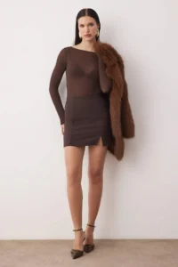 TRENDYOLMiLLA Brown Plain Short / Mini Weaving Finike Elegant/Evening Skirt