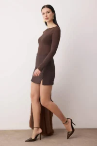 TRENDYOLMiLLA Brown Plain Short / Mini Weaving Finike Elegant/Evening Skirt - Image 2
