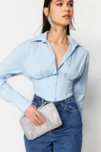 TRENDYOLMİLLA Mavi Crop Lined Corset Detailed Weaving Poplin Shirt