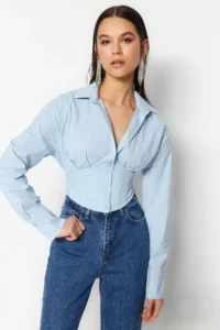 TRENDYOLMİLLA Mavi Crop Lined Corset Detailed Weaving Poplin Shirt - Image 2