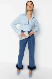 TRENDYOLMİLLA Mavi Crop Lined Corset Detailed Weaving Poplin Shirt - Image 3