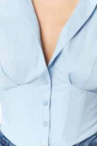 TRENDYOLMİLLA Mavi Crop Lined Corset Detailed Weaving Poplin Shirt - Image 5