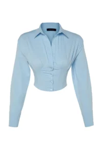 TRENDYOLMİLLA Mavi Crop Lined Corset Detailed Weaving Poplin Shirt - Image 7